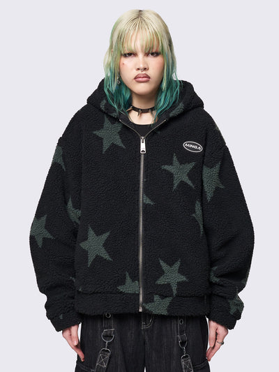 Fleece hoodie jacket in black with all over stars design in green