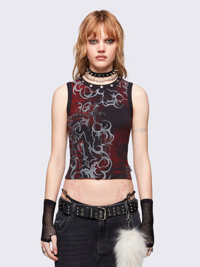 Black tank top with red and grey grunge graphic front print and eyelet details at neckline. Vest and sleeveless style.