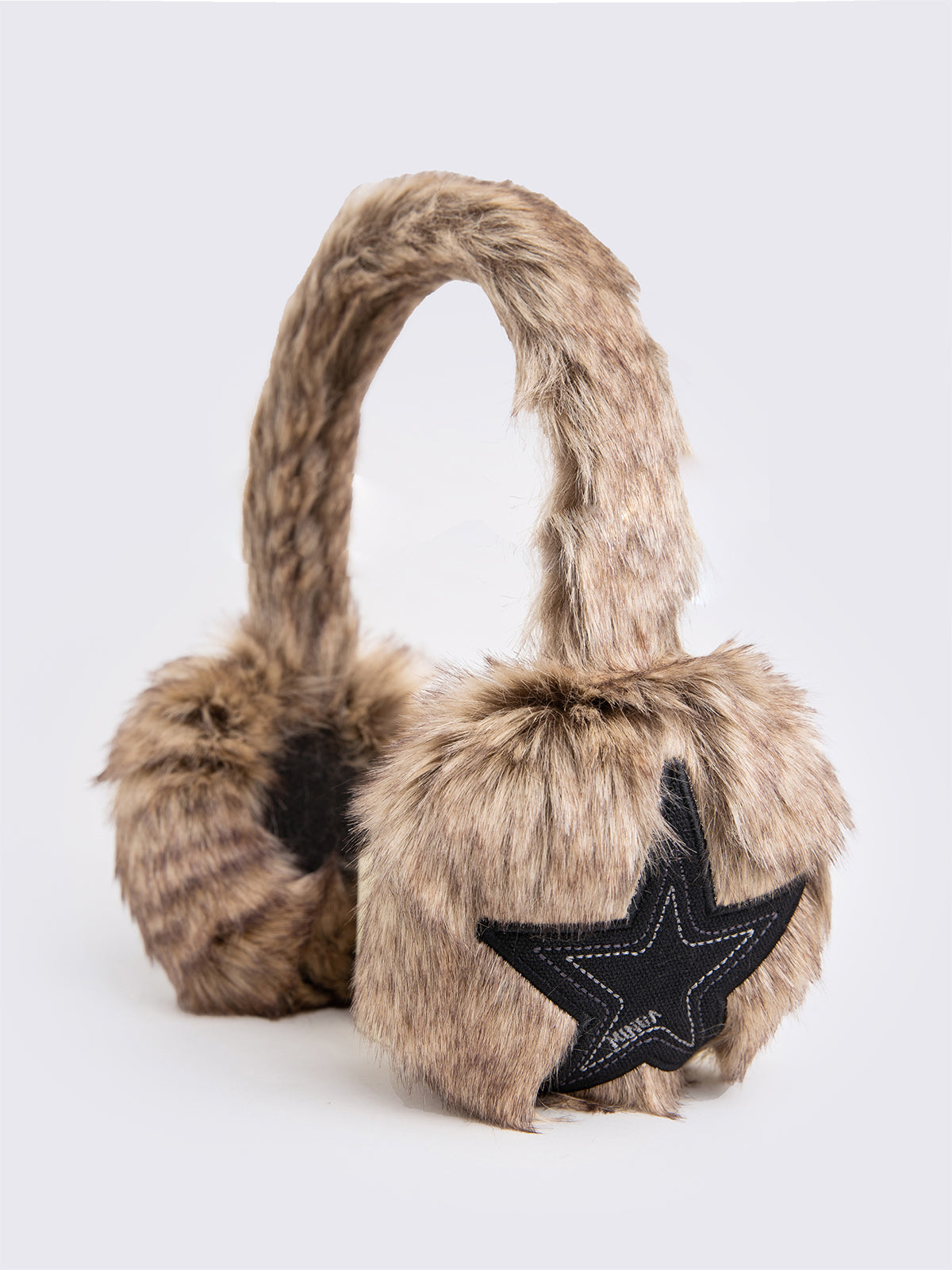 Faux fur earmuffs in beige and brown featuring stars embroidered patch in black.