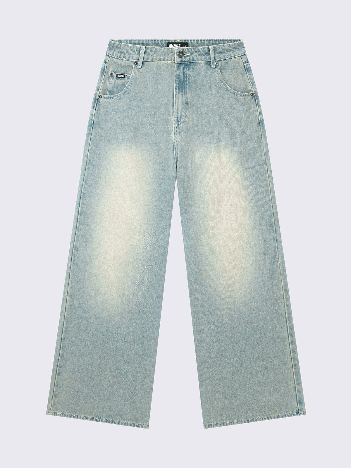 Baggy wide leg jeans in washed light blue with bege overdye wash