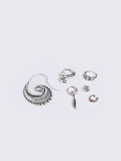 Silver 5-piece earring set including swirl, star, and feather pendants, an ear cuff with a stone accent, and hoop-style earrings.