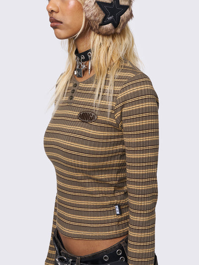 Striped long sleeve ribbed top in honey and brown and half button placket.