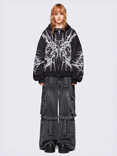 Black oversized zip up hoodie jacket with white sigilism graphic front and sleeves print.