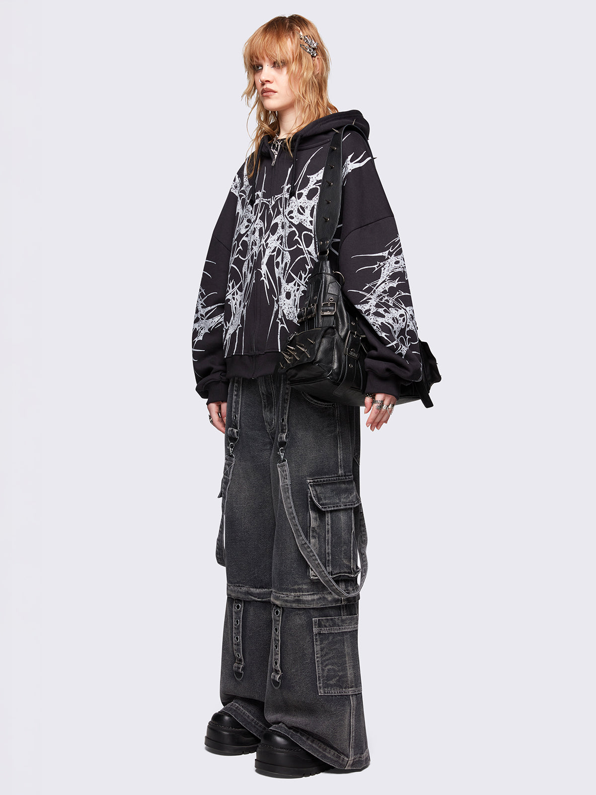 Black oversized zip up hoodie jacket with white sigilism graphic front and sleeves print.