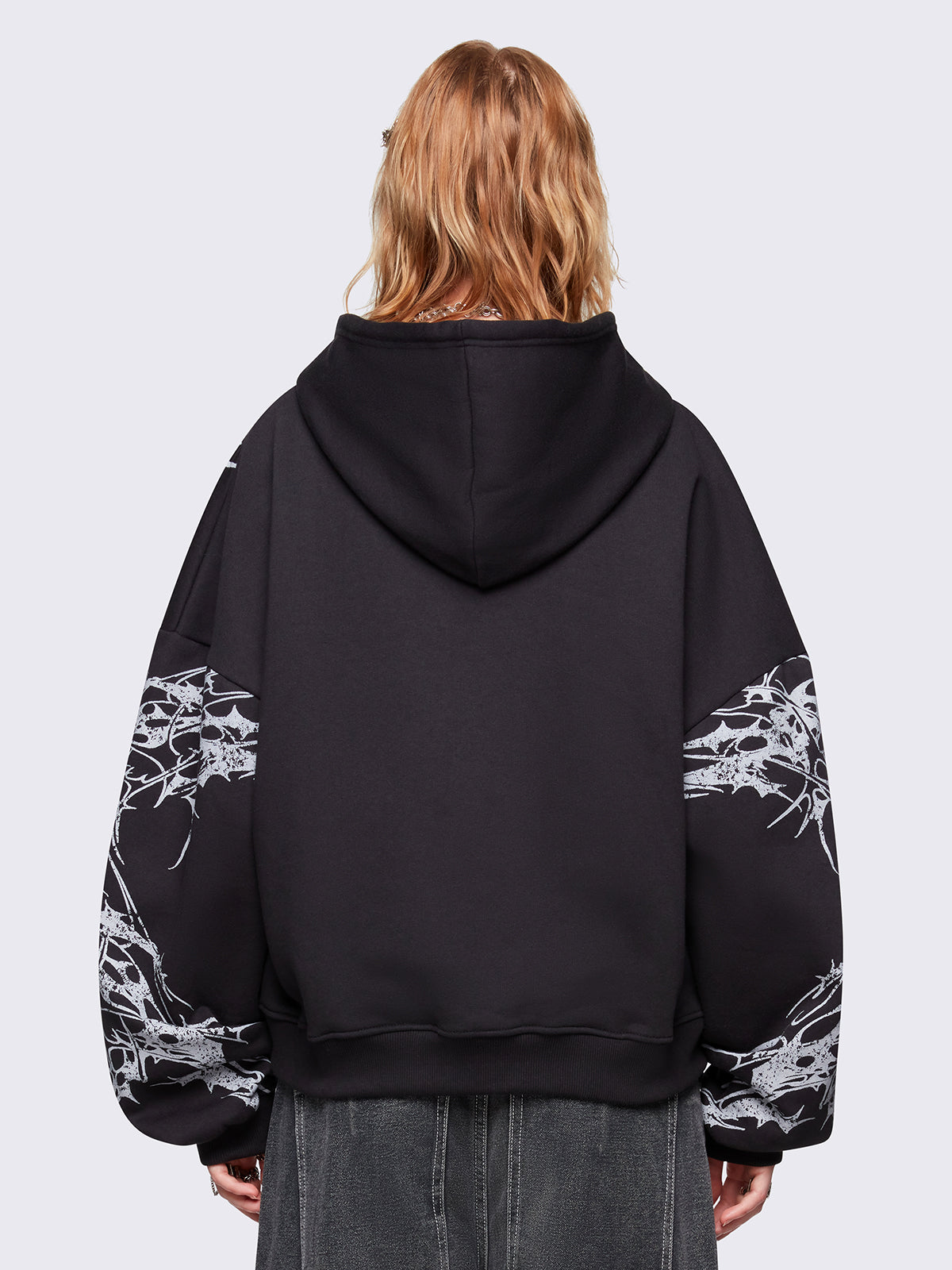 Black oversized zip up hoodie jacket with white sigilism graphic front and sleeves print.