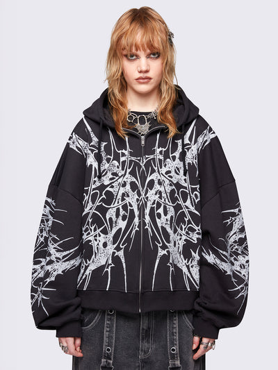 Black oversized zip up hoodie jacket with white sigilism graphic front and sleeves print.