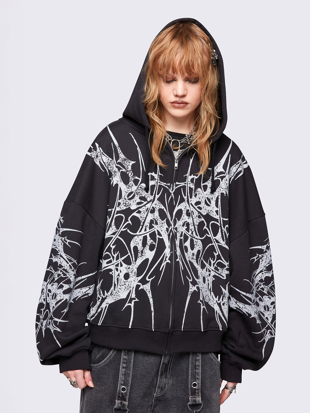 Black oversized zip up hoodie jacket with white sigilism graphic front and sleeves print.