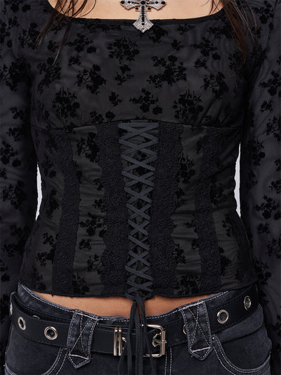 Mesh top in black with all over velvet floral print and lace up front design