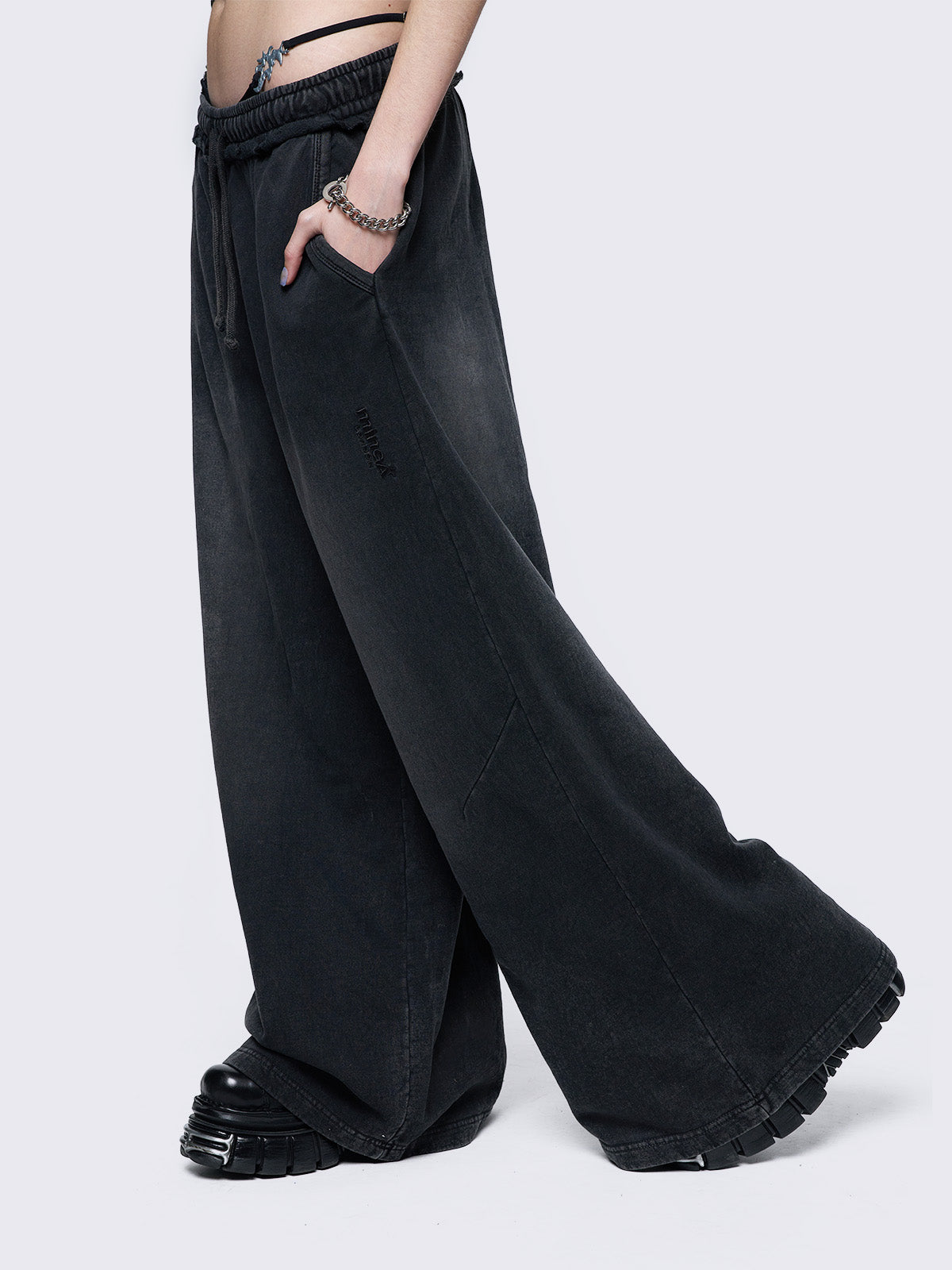 Baggy wide leg joggers in washed black with elasticated drawstring waist. 