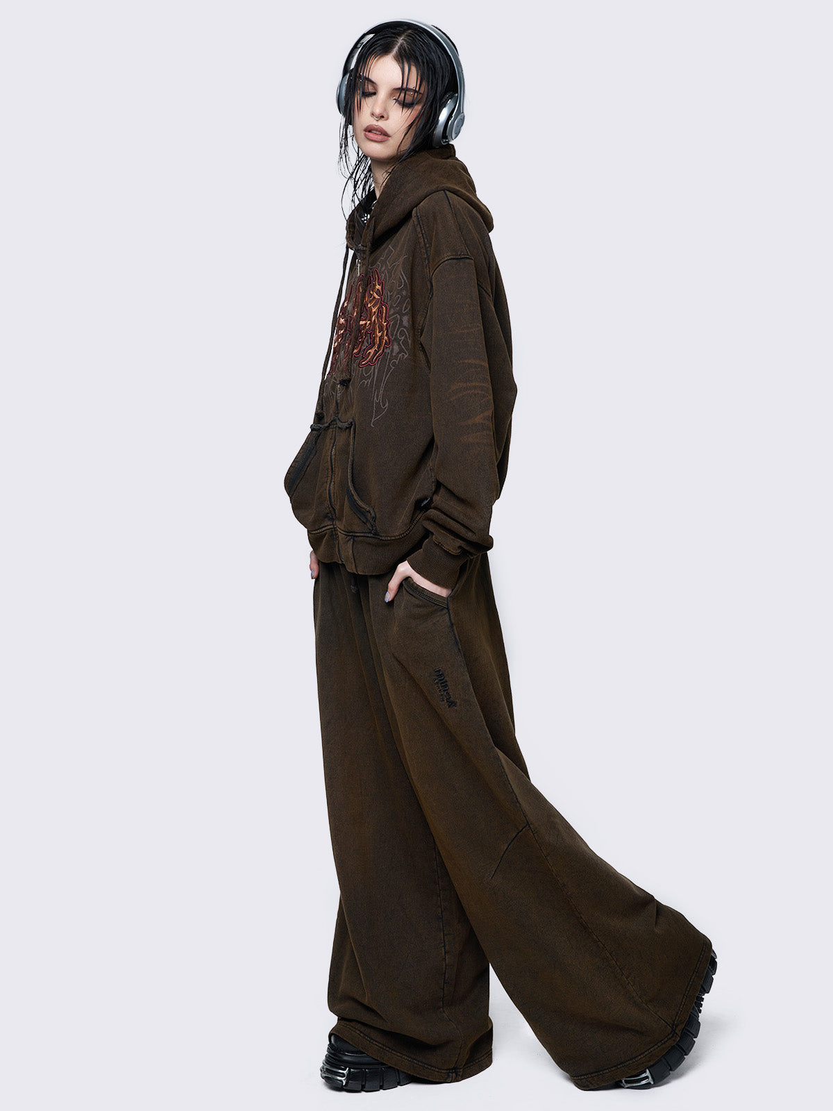 Baggy wide leg joggers in washed brown with elasticated drawstring waist.