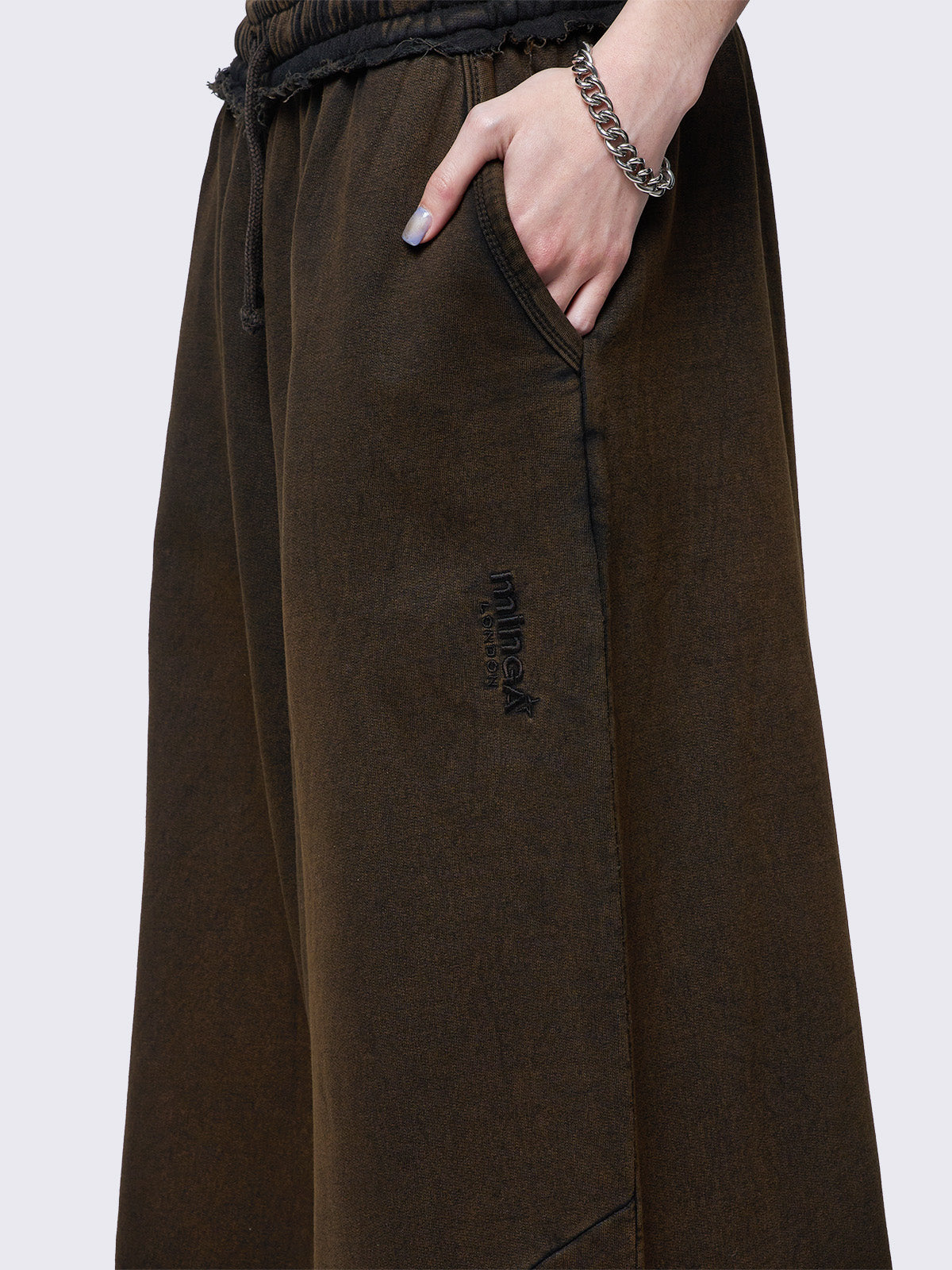 Baggy wide leg joggers in washed brown with elasticated drawstring waist.