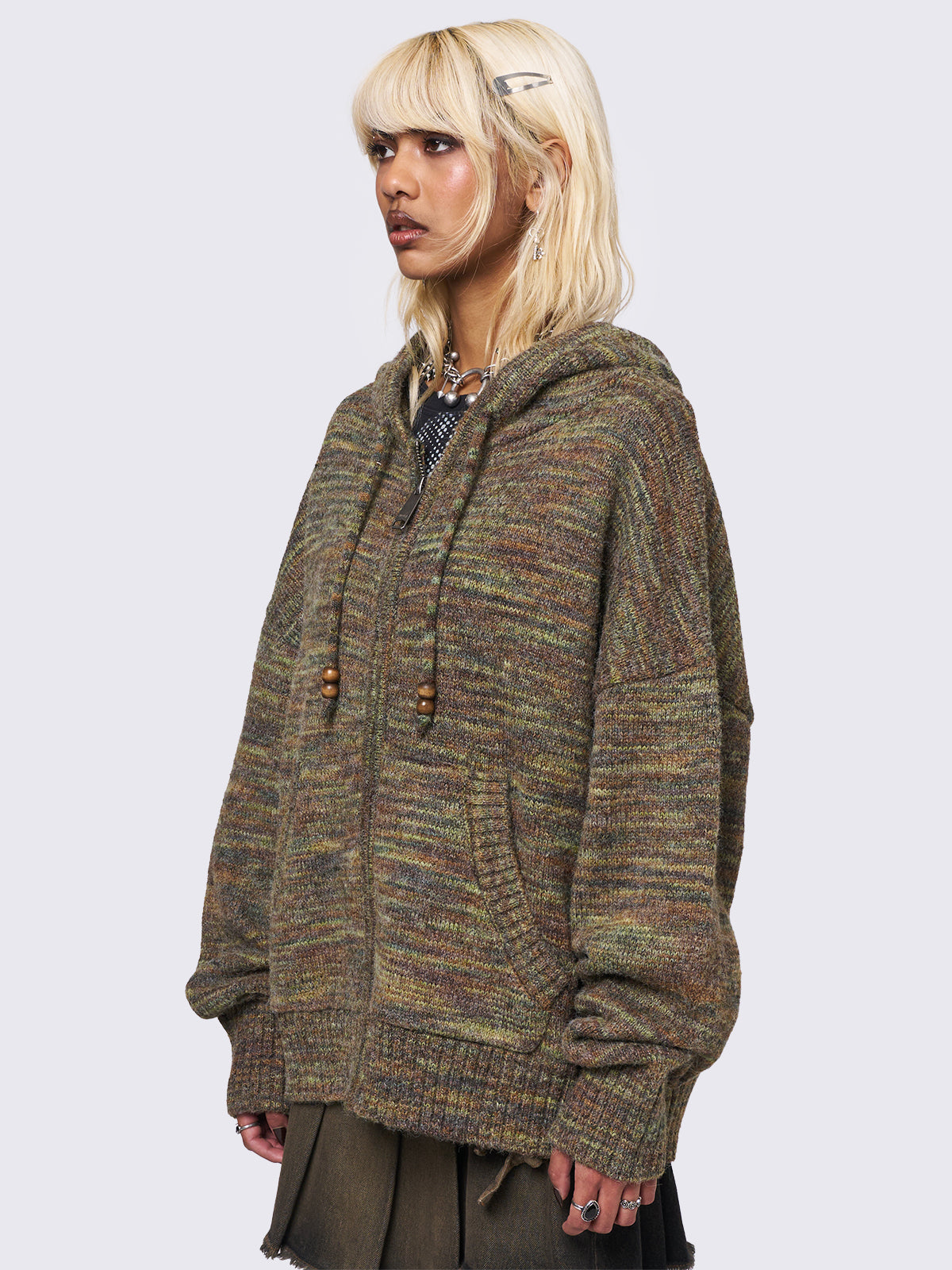 Oversized zip up hooded knit cardigan featuring a space-dye design and a drawstring hood with beads.