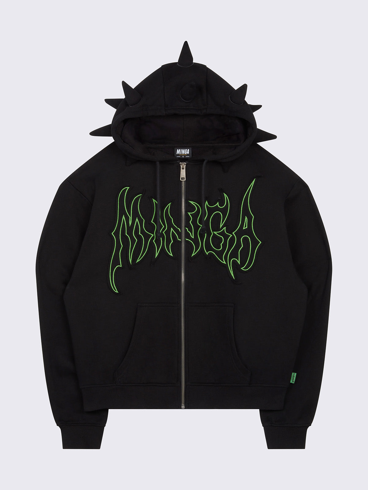 Black zip-up hoodie jacket featuring 3D spikes, green Minga embroidery, a drawstring hood, and zip fastening.