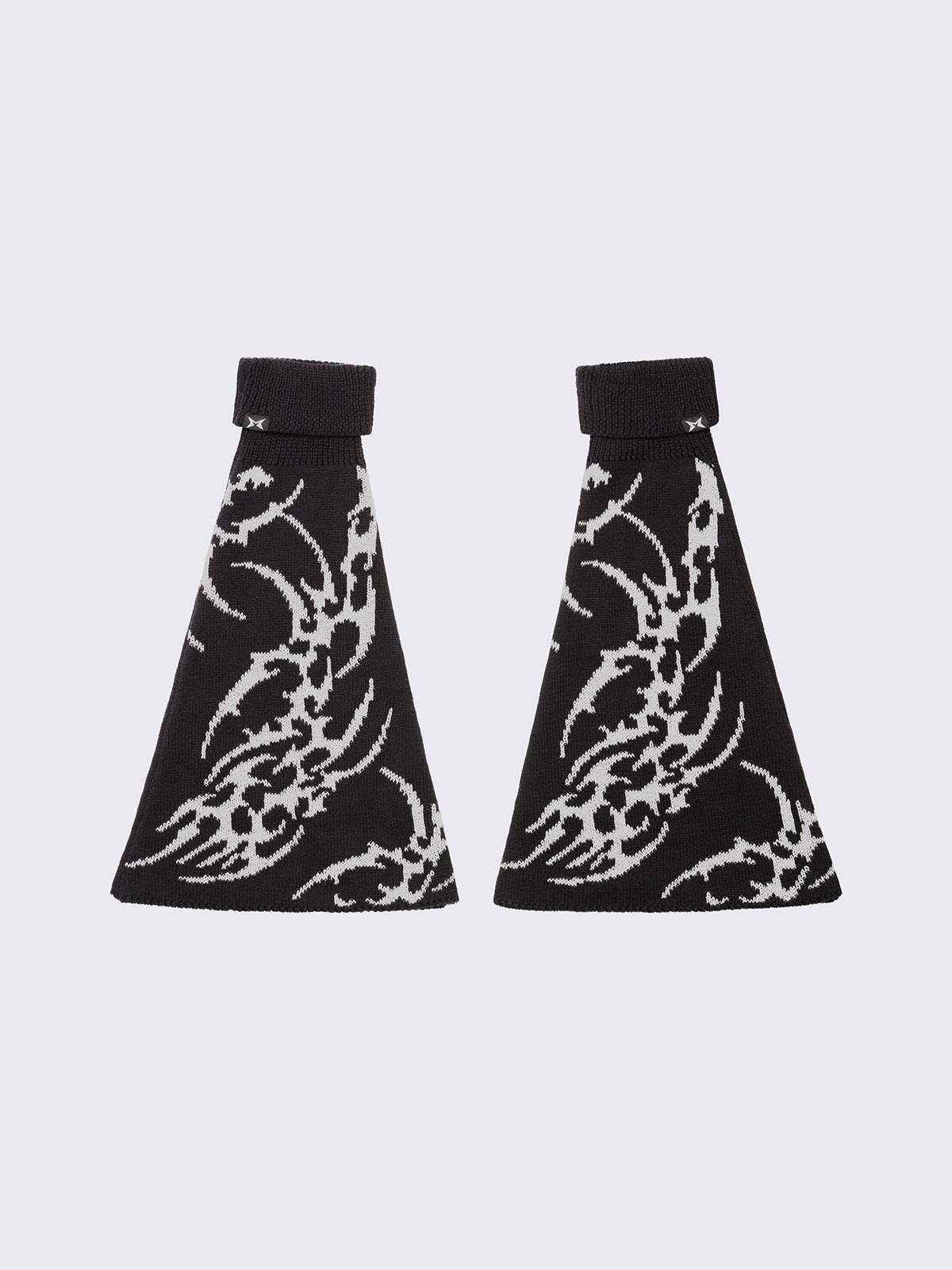 Flared leg warmers in black and sigilism graphic design in grey