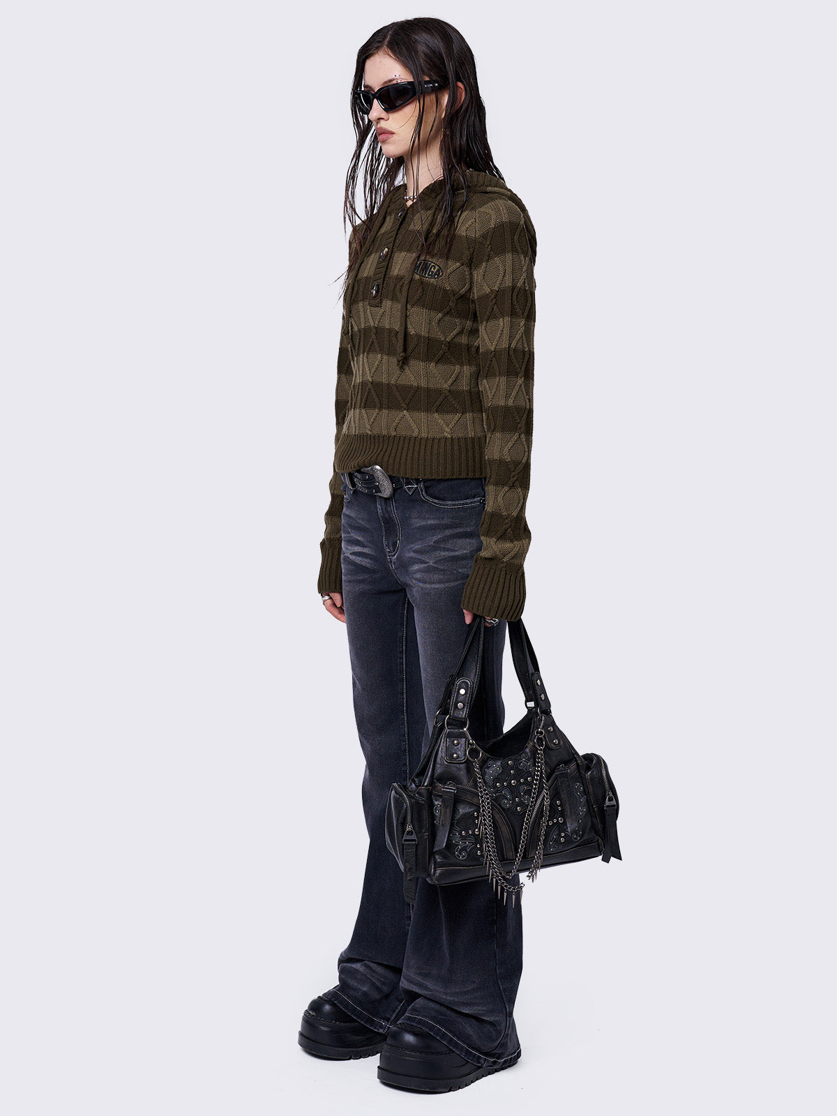 Cable hooded knit jumper with stripes in khaki tones and half button placket.