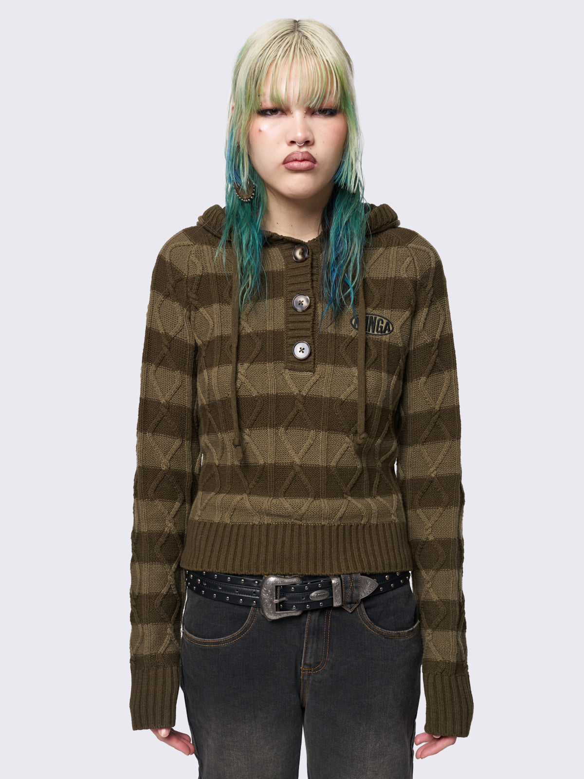 Cable hooded knit jumper with stripes in khaki tones and half button placket.