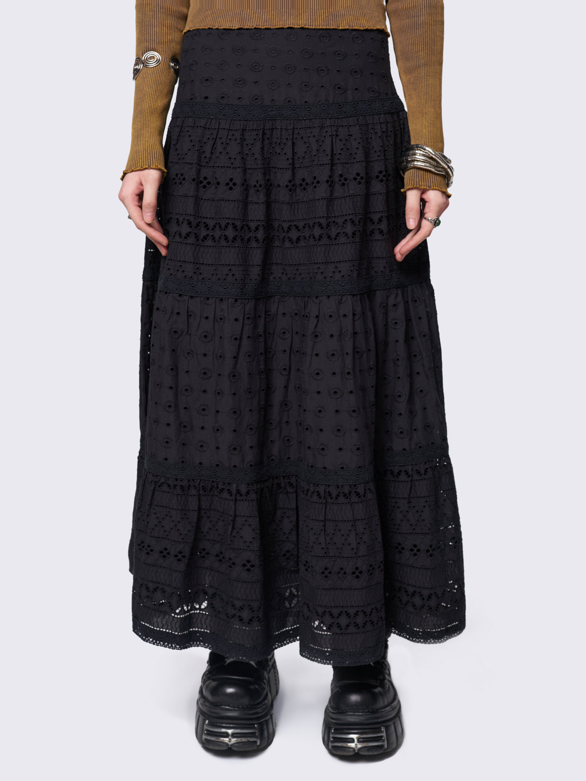 Black Ruffle Lace Tiered Maxi Skirt - Fairycore & Boho Style