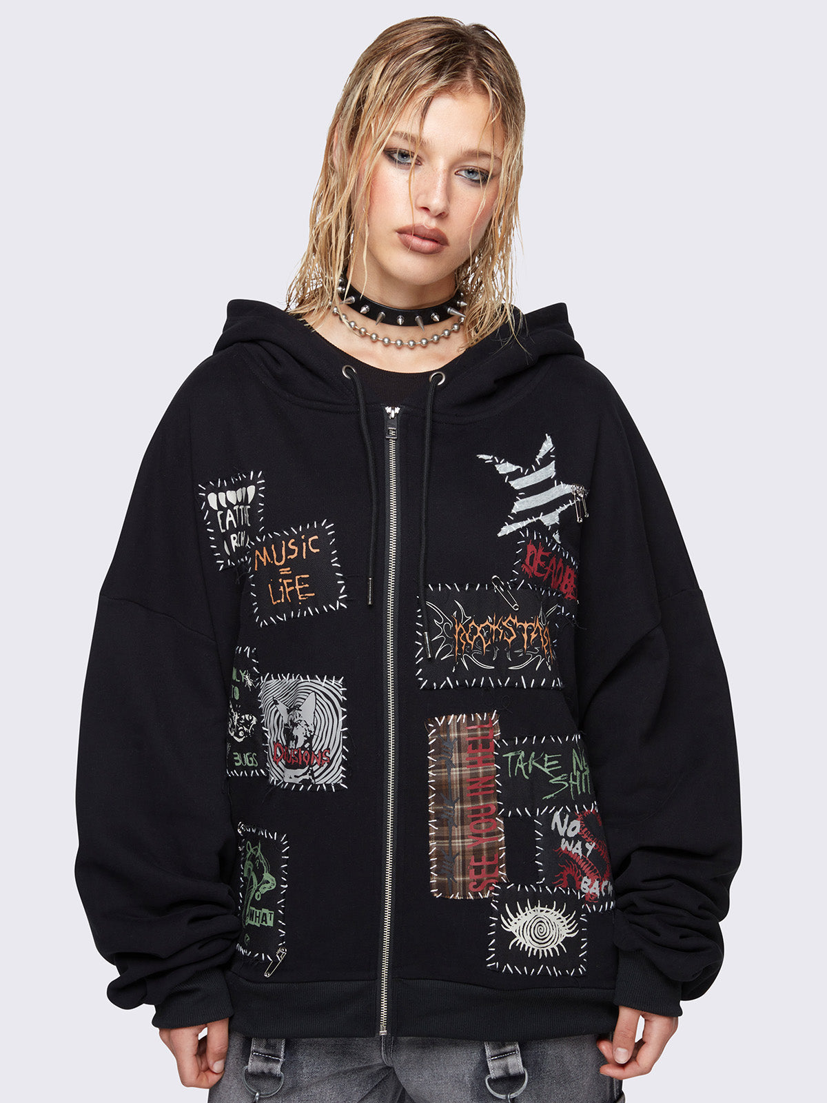 Grunge print Zip up hoodie jacket in black
with drawstring hood