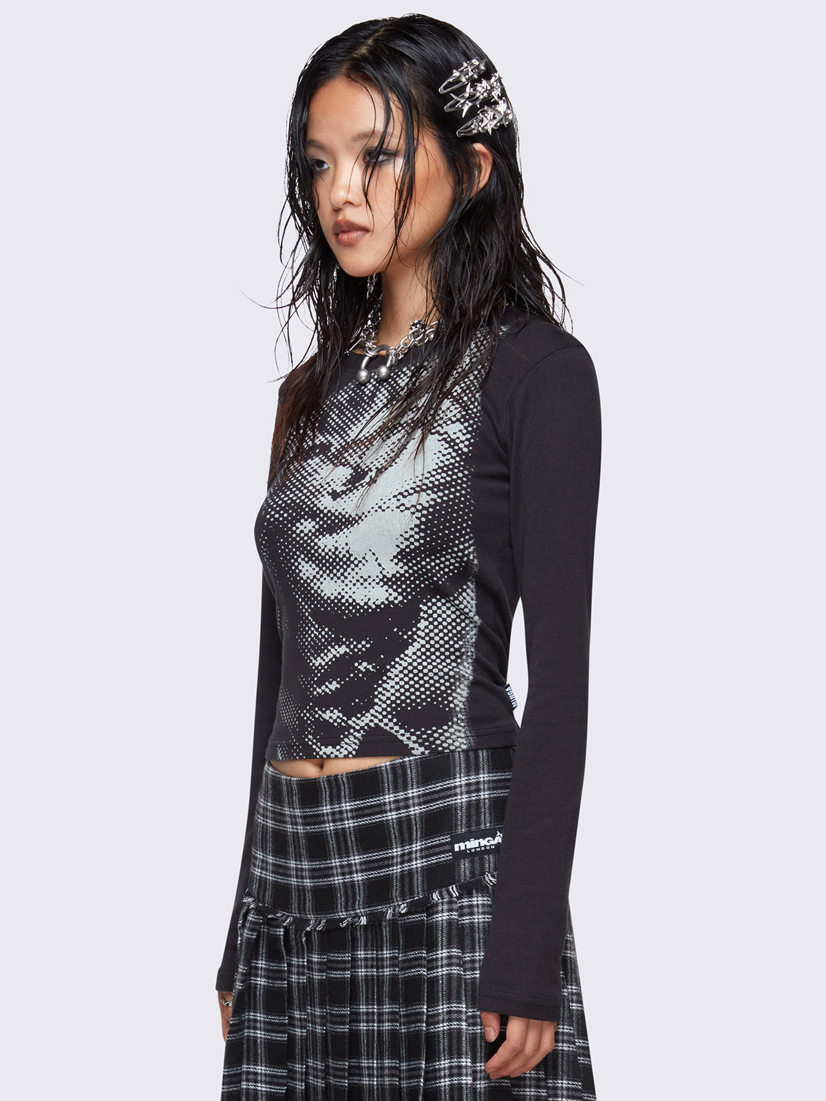 Regular fit graphic long sleeve top in black and pixel kitty front print.