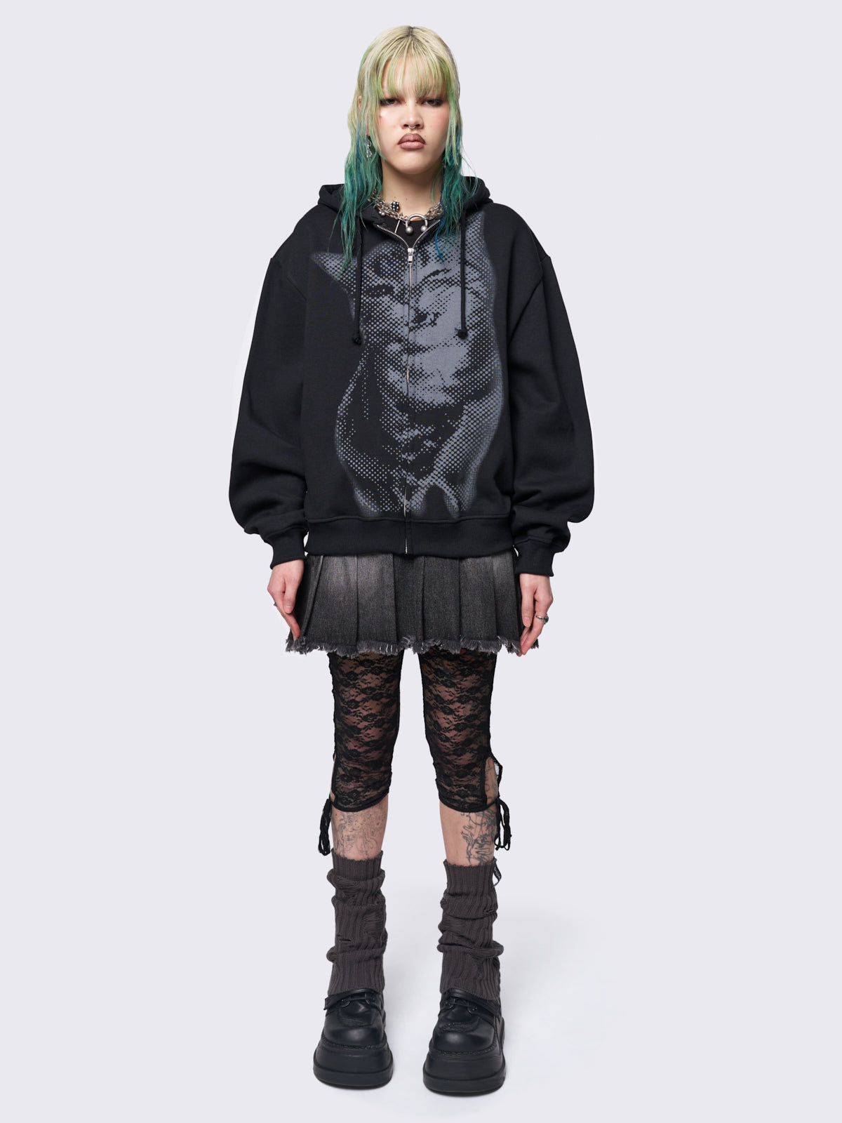 Zip up hoodie jacket in black with pixel kitty graphic front print.