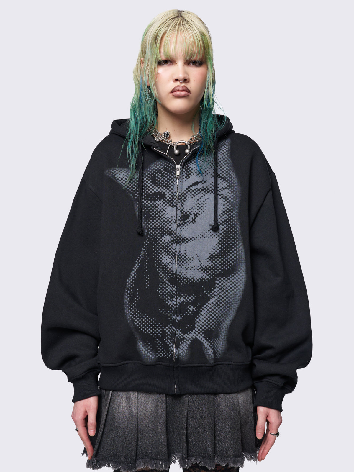 Zip up hoodie jacket in black with pixel kitty graphic front print.