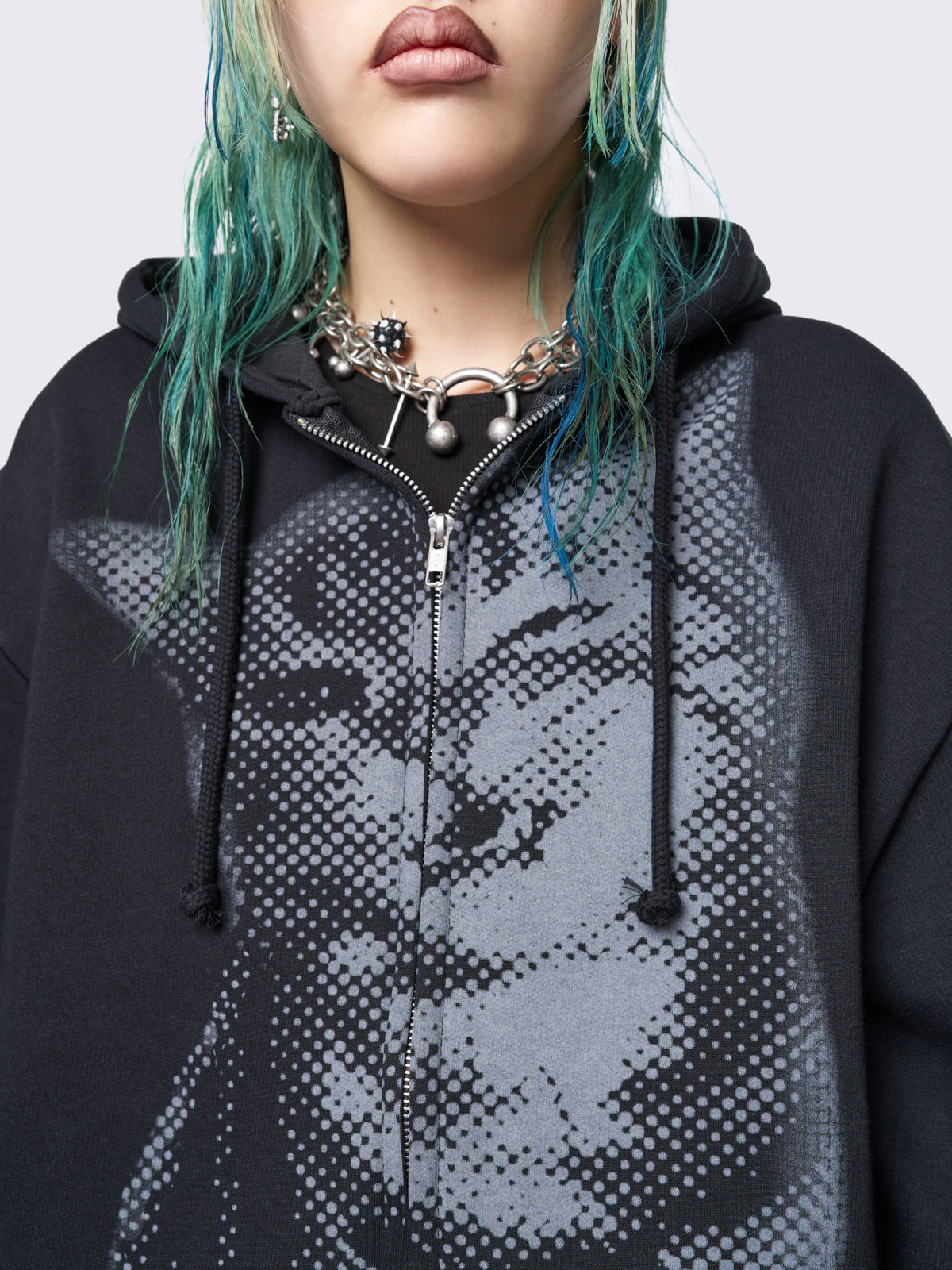 Zip up hoodie jacket in black with pixel kitty graphic front print.