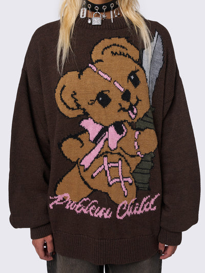 Jacquard knitted jumper in brown with "Problem Child" Teddy Bear front graphic design.