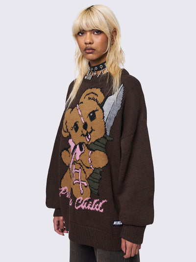 Jacquard knitted jumper in brown with "Problem Child" Teddy Bear front graphic design.