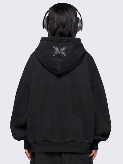 Black washed hoodie with grey sigilism embroidered patches, drawstring hood, and kangaroo pockets.