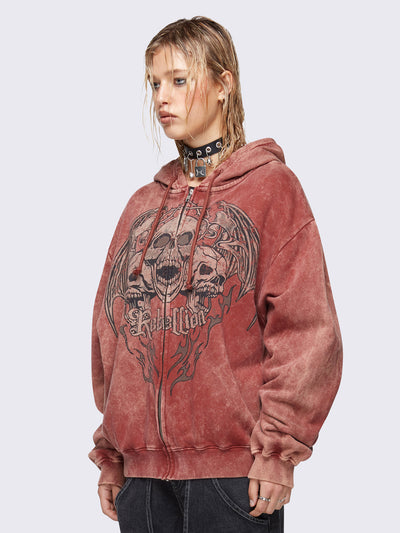 Zip up hoodie jacket in washed terracota red with rebellion skull graphic front print and drawstring hood.