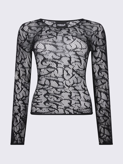 Fishnet top in black with all over sigilism graphic design. 