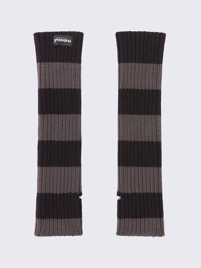 Chunky knitted arm warmers with grey and black stripes