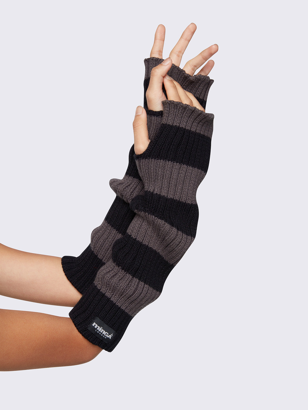 Chunky knitted arm warmers with grey and black stripes