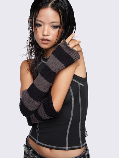 Chunky knitted arm warmers with grey and black stripes