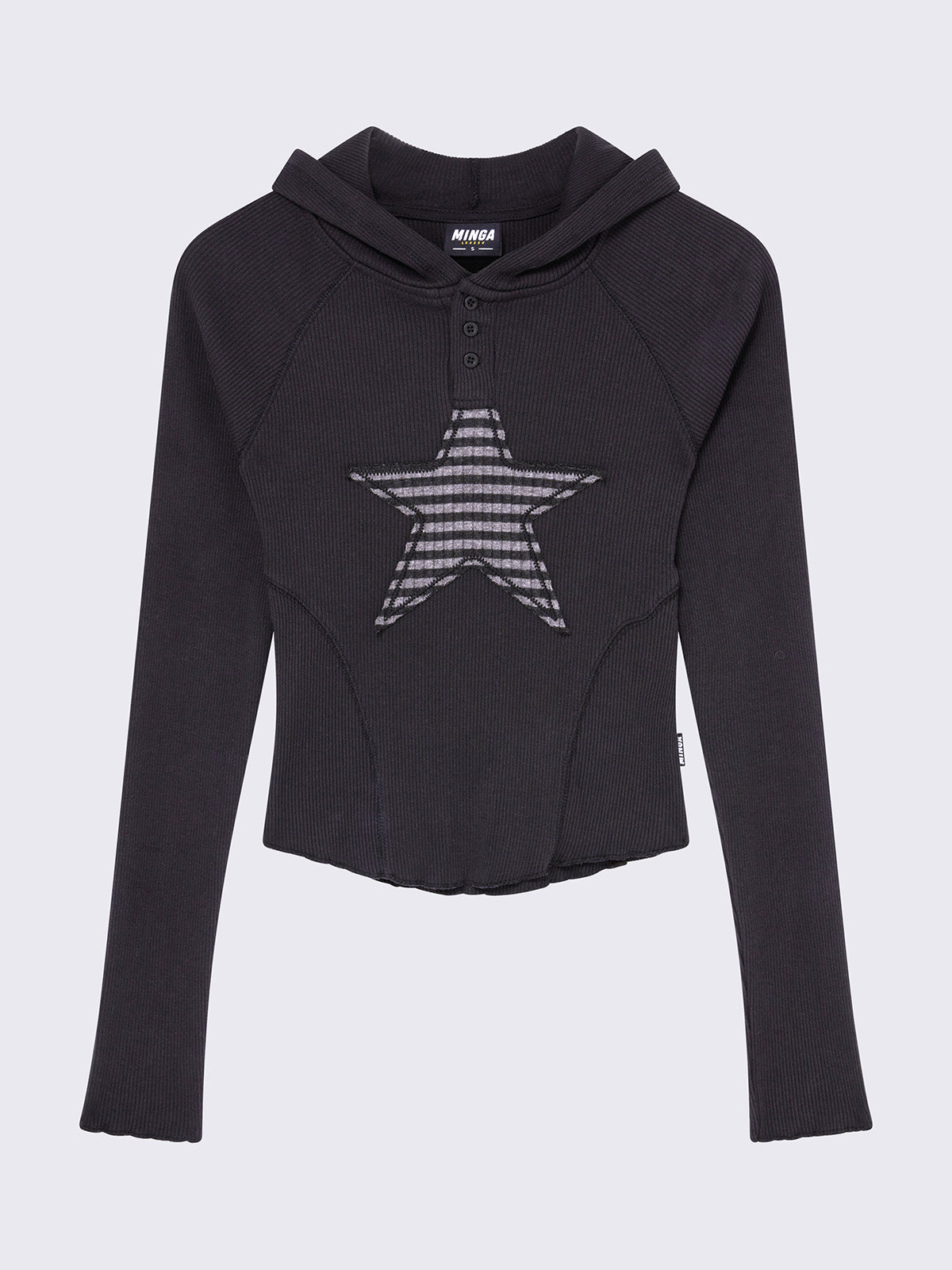 Hooded top in black, with front star patch in grey, contrast stitching in black and half button placket