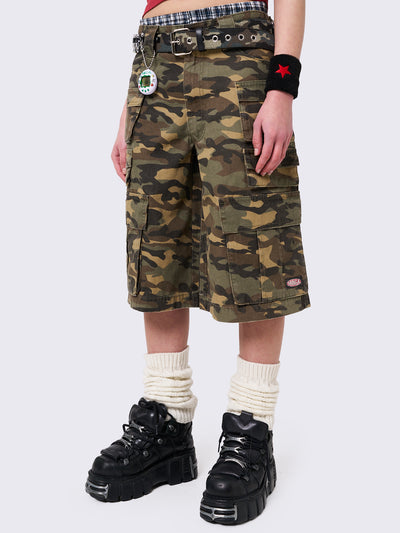 Camo Multi Pocket Long Cargo Shorts 