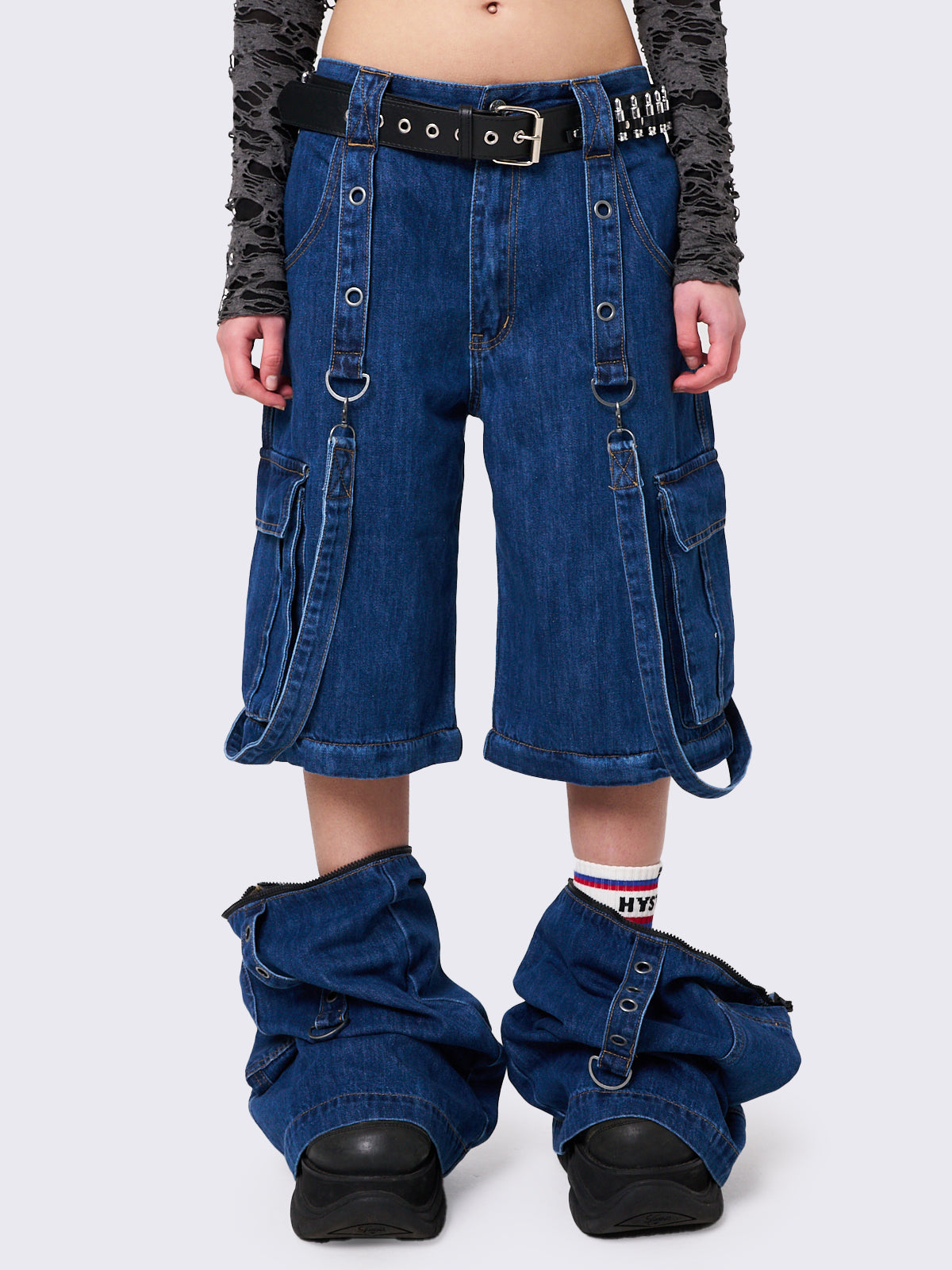 Multi Pocket Wide Leg Cargo Jeans in Blue with Straps and Detachable Legs