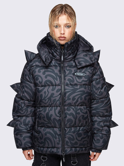 Hooded puffer jacket in grey with tribal print all over in black and 3D spikes