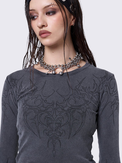 Grey washed long sleeve top with sigilism graphic front and sleeves print.