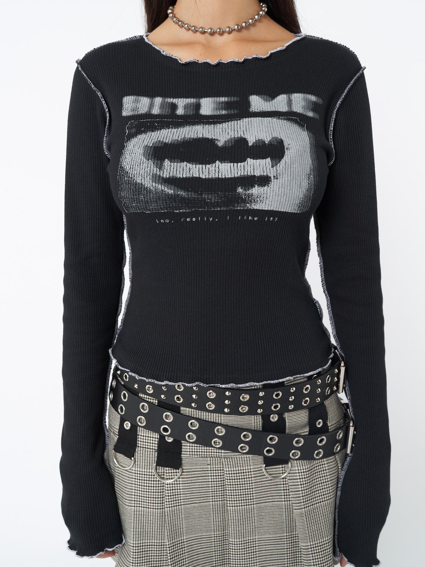 Black 'Bite Me' Graphic Print Crop Long Sleeve Top - Grunge Gothic ...