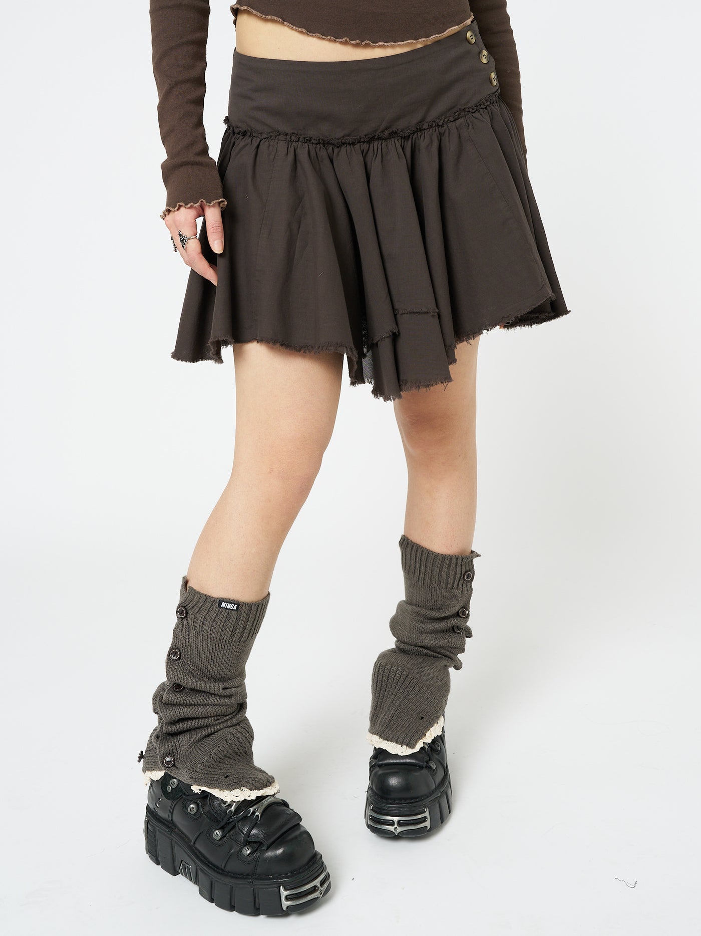 Flora Brown Layered Asymmetrical Mini Skirt | Minga London