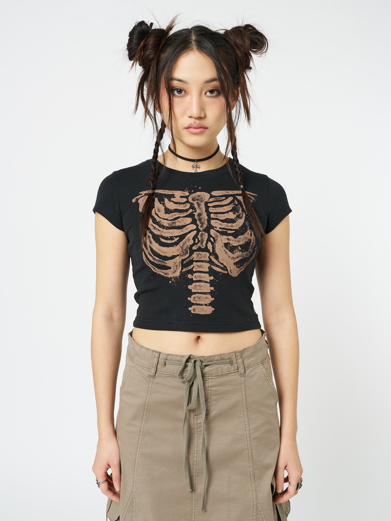 Skeleton Black Graphic Print Baby Tee - Minga London