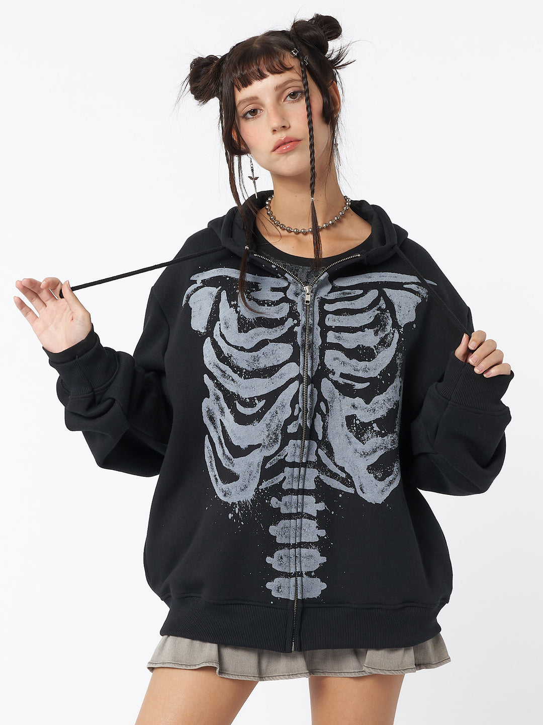 Skeleton Black Oversized Zip Up Hoodie Jacket Minga London