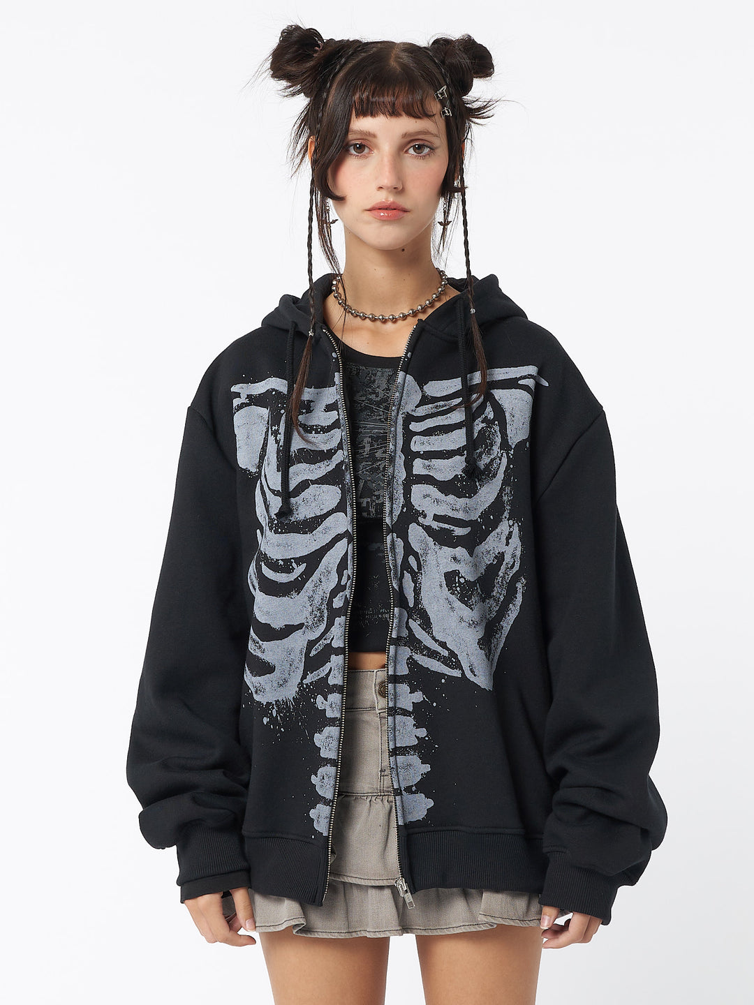 Skeleton Black Oversized Zip Up Hoodie Jacket Minga London