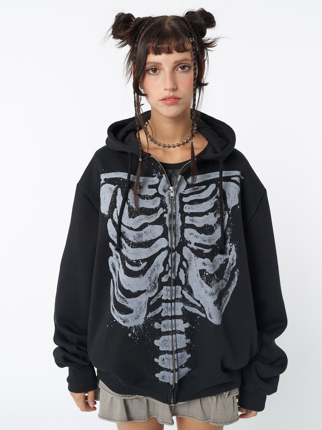 Skeleton Black Oversized Zip Up Hoodie Jacket Minga London