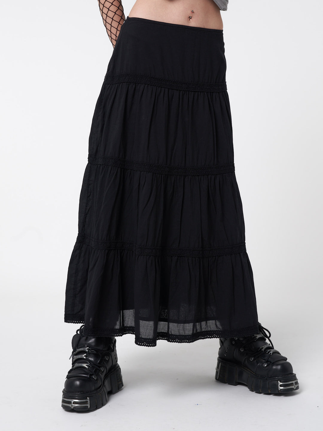 Raven Black Ruffle Lace Maxi Skirt Minga London